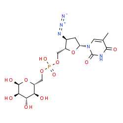ChemSpider 2D Image | [(2S,3S,5R)-3-Azido-5-(5-methyl-2,4-dioxo-3,4-dihydro-1(2H)-pyrimidinyl)tetrahydro-2-furanyl]methyl [(2R,3S,4S,5R,6S)-3,4,5,6-tetrahydroxytetrahydro-2H-pyran-2-yl]methyl hydrogen phosphate (non-prefer
red name) | C16H24N5O12P