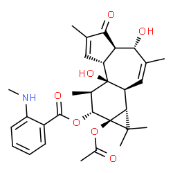 ChemSpider 2D Image | (1aR,1bS,4S,4aR,7aR,7bR,8R,9R,9aS)-9a-Acetoxy-4,7b-dihydroxy-1,1,3,6,8-pentamethyl-5-oxo-1a,1b,4,4a,5,7a,7b,8,9,9a-decahydro-1H-cyclopropa[3,4]benzo[1,2-e]azulen-9-yl 2-(methylamino)benzoate | C30H37NO7