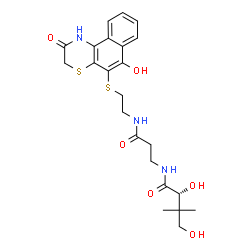 ChemSpider 2D Image | (2R)-2,4-Dihydroxy-N-[3-({2-[(6-hydroxy-2-oxo-2,3-dihydro-1H-naphtho[2,1-b][1,4]thiazin-5-yl)sulfanyl]ethyl}amino)-3-oxopropyl]-3,3-dimethylbutanamide | C23H29N3O6S2