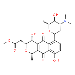 ChemSpider 2D Image | 1,5-Anhydro-2,3,6-trideoxy-1-[(1R,3R,4R)-4,9-dihydroxy-3-(2-methoxy-2-oxoethyl)-1-methyl-5,10-dioxo-3,4,5,10-tetrahydro-1H-benzo[g]isochromen-6-yl]-3-(dimethylamino)-D-threo-hexitol | C25H31NO9