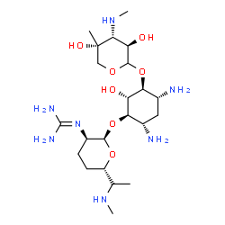 ChemSpider 2D Image | 2-{(2R,3R,6S)-2-{[(1R,2S,3S,4R,6S)-4,6-Diamino-3-{[3-deoxy-4-C-methyl-3-(methylamino)-L-arabinopyranosyl]oxy}-2-hydroxycyclohexyl]oxy}-6-[(1R)-1-(methylamino)ethyl]tetrahydro-2H-pyran-3-yl}guanidine | C22H45N7O7