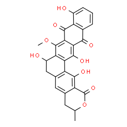 ChemSpider 2D Image | 7,10,15,16-Tetrahydroxy-8-methoxy-3-methyl-3,4,6,7-tetrahydro-1H-tetraceno[2,1-g]isochromene-1,9,14-trione | C27H20O9