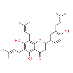 ChemSpider 2D Image | (2S)-5,7-Dihydroxy-2-[4-hydroxy-3-(3-methyl-2-buten-1-yl)phenyl]-6,8-bis(3-methyl-2-buten-1-yl)-2,3-dihydro-4H-chromen-4-one | C30H36O5