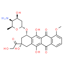 ChemSpider 2D Image | (1S,3S)-3-Glycoloyl-3,5,12-trihydroxy-10-methoxy-6,11-dioxo-1,2,3,4,6,11-hexahydro-1-tetracenyl 4-amino-2,4,6-trideoxy-alpha-L-lyxo-hexopyranoside | C27H29NO11
