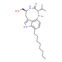 ChemSpider 2D Image | (2S,5S)-5-(Hydroxymethyl)-2-isopropyl-1-methyl-9-octyl-1,2,4,5,6,8-hexahydro-3H-[1,4]diazonino[7,6,5-cd]indol-3-one | C25H39N3O2
