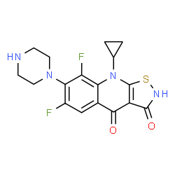 ChemSpider 2D Image | 9-Cyclopropyl-6,8-difluoro-7-(1-piperazinyl)[1,2]thiazolo[5,4-b]quinoline-3,4(2H,9H)-dione | C17H16F2N4O2S