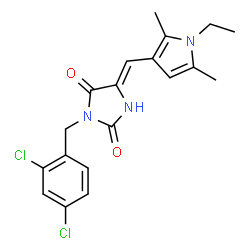 ChemSpider 2D Image | (5Z)-3-(2,4-Dichlorobenzyl)-5-[(1-ethyl-2,5-dimethyl-1H-pyrrol-3-yl)methylene]-2,4-imidazolidinedione | C19H19Cl2N3O2