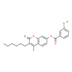 ChemSpider 2D Image | 3-Hexyl-4-methyl-2-oxo-2H-chromen-7-yl 3-methoxybenzoate | C24H26O5