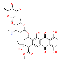 ChemSpider 2D Image | Methyl (1R,2R,4S)-2-ethyl-2,5,7,10-tetrahydroxy-6,11-dioxo-4-{[2,3,6-trideoxy-4-O-(2,6-dideoxy-alpha-L-lyxo-hexopyranosyl)-3-(methylamino)-alpha-L-lyxo-hexopyranosyl]oxy}-1,2,3,4,6,11-hexahydrotetracene-1-carboxylate | C35H43NO14