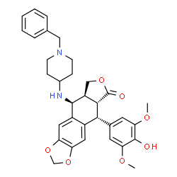 ChemSpider 2D Image | (5R,5aR,8aS,9S)-9-[(1-Benzyl-4-piperidinyl)amino]-5-(4-hydroxy-3,5-dimethoxyphenyl)-5,8,8a,9-tetrahydrofuro[3',4':6,7]naphtho[2,3-d][1,3]dioxol-6(5aH)-one | C33H36N2O7