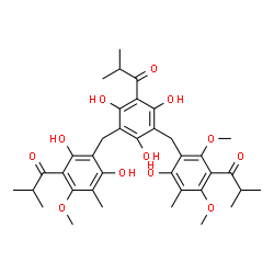 ChemSpider 2D Image | 1-[3-(2,6-Dihydroxy-3-isobutyryl-4-methoxy-5-methylbenzyl)-2,4,6-trihydroxy-5-(2-hydroxy-5-isobutyryl-4,6-dimethoxy-3-methylbenzyl)phenyl]-2-methyl-1-propanone | C37H46O12