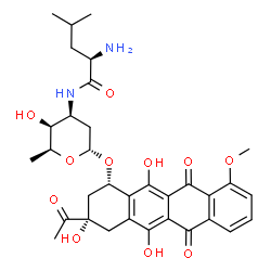 ChemSpider 2D Image | (1S,3S)-3-Acetyl-3,5,12-trihydroxy-10-methoxy-6,11-dioxo-1,2,3,4,6,11-hexahydro-1-tetracenyl 2,3,6-trideoxy-3-(D-leucylamino)-alpha-L-lyxo-hexopyranoside | C33H40N2O11