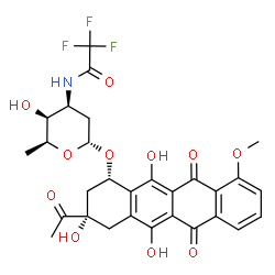 ChemSpider 2D Image | (1S,3S)-3-Acetyl-3,5,12-trihydroxy-10-methoxy-6,11-dioxo-1,2,3,4,6,11-hexahydro-1-tetracenyl 2,3,6-trideoxy-3-[(trifluoroacetyl)amino]-alpha-L-lyxo-hexopyranoside | C29H28F3NO11
