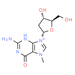 ChemSpider 2D Image | 2-Amino-9-(2-deoxy-alpha-D-erythro-pentofuranosyl)-7-methyl-6-oxo-6,7-dihydro-3H-purin-9-ium | C11H16N5O4