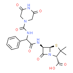 ChemSpider 2D Image | (2S,5R,6R)-6-{[{[(3,5-Dioxo-1-piperazinyl)carbonyl]amino}(phenyl)acetyl]amino}-3,3-dimethyl-7-oxo-4-thia-1-azabicyclo[3.2.0]heptane-2-carboxylic acid | C21H23N5O7S