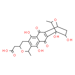ChemSpider 2D Image | [1,5,12,19-Tetrahydroxy-7,18-dimethyl-3,14-dioxo-8,17-dioxapentacyclo[14.2.2.0~2,15~.0~4,13~.0~6,11~]icosa-2(15),4(13),5,11-tetraen-9-yl]acetic acid | C22H22O10