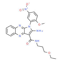 ChemSpider 2D Image | 2-Amino-N-(3-ethoxypropyl)-1-(2-methoxy-5-nitrophenyl)-1H-pyrrolo[2,3-b]quinoxaline-3-carboxamide | C23H24N6O5