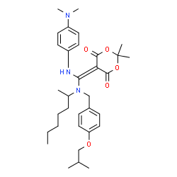 ChemSpider 2D Image | 5-({[4-(Dimethylamino)phenyl]amino}[2-heptanyl(4-isobutoxybenzyl)amino]methylene)-2,2-dimethyl-1,3-dioxane-4,6-dione | C33H47N3O5