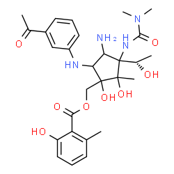 ChemSpider 2D Image | {5-[(3-Acetylphenyl)amino]-4-amino-3-[(dimethylcarbamoyl)amino]-1,2-dihydroxy-3-[(1S)-1-hydroxyethyl]-2-methylcyclopentyl}methyl 2-hydroxy-6-methylbenzoate | C28H38N4O8