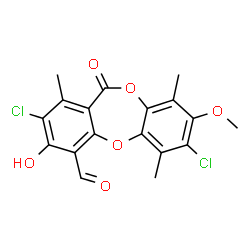 ChemSpider 2D Image | 2,7-Dichloro-3-hydroxy-8-methoxy-1,6,9-trimethyl-11-oxo-11H-dibenzo[b,e][1,4]dioxepine-4-carbaldehyde | C18H14Cl2O6