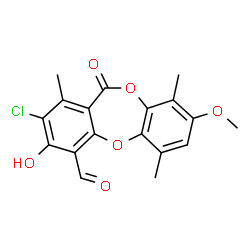 ChemSpider 2D Image | 2-Chloro-3-hydroxy-8-methoxy-1,6,9-trimethyl-11-oxo-11H-dibenzo[b,e][1,4]dioxepine-4-carbaldehyde | C18H15ClO6