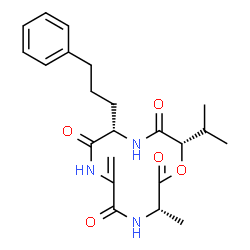 ChemSpider 2D Image | (3S,9S,12S)-12-Isopropyl-3-methyl-6-methylene-9-(3-phenylpropyl)-1-oxa-4,7,10-triazacyclododecane-2,5,8,11-tetrone | C22H29N3O5