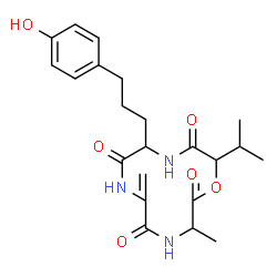ChemSpider 2D Image | 9-[3-(4-Hydroxyphenyl)propyl]-12-isopropyl-3-methyl-6-methylene-1-oxa-4,7,10-triazacyclododecane-2,5,8,11-tetrone | C22H29N3O6