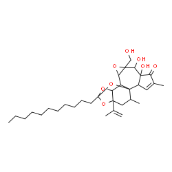 ChemSpider 2D Image | 6,7-Dihydroxy-8-(hydroxymethyl)-16-isopropenyl-4,18-dimethyl-14-undecyl-9,13,15,19-tetraoxahexacyclo[12.4.1.0~1,11~.0~2,6~.0~8,10~.0~12,16~]nonadec-3-en-5-one | C32H48O8