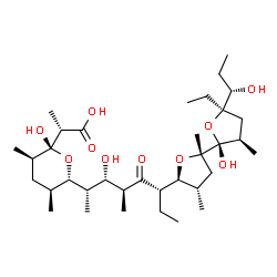 ChemSpider 2D Image | (2S)-2-{(2R,3R,5S,6S)-6-[(2S,3S,4S,6R)-6-{(2S,2'R,3'R,4S,5S,5'R)-5'-Ethyl-2'-hydroxy-5'-[(1S)-1-hydroxypropyl]-2,3',4-trimethyloctahydro-2,2'-bifuran-5-yl}-3-hydroxy-4-methyl-5-oxo-2-octanyl]-2-hydrox
y-3,5-dimethyltetrahydro-2H-pyran-2-yl}propanoic acid | C35H62O10