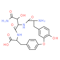 ChemSpider 2D Image | 9-Amino-12-(2-amino-1-hydroxy-2-oxoethyl)-4-hydroxy-10,13-dioxo-2-oxa-11,14-diazatricyclo[15.2.2.1~3,7~]docosa-1(19),3(22),4,6,17,20-hexaene-15-carboxylic acid | C22H24N4O8