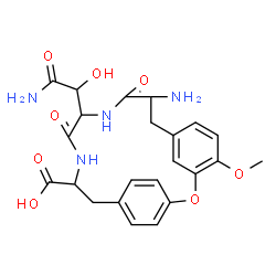 ChemSpider 2D Image | 9-Amino-12-(2-amino-1-hydroxy-2-oxoethyl)-4-methoxy-10,13-dioxo-2-oxa-11,14-diazatricyclo[15.2.2.1~3,7~]docosa-1(19),3(22),4,6,17,20-hexaene-15-carboxylic acid | C23H26N4O8