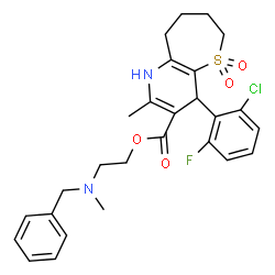 ChemSpider 2D Image | 2-[Benzyl(methyl)amino]ethyl 4-(2-chloro-6-fluorophenyl)-2-methyl-1,4,6,7,8,9-hexahydrothiepino[3,2-b]pyridine-3-carboxylate 5,5-dioxide | C27H30ClFN2O4S