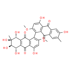 ChemSpider 2D Image | (5S,6R,7S,8R)-4,4',5,6,6',7,8-Heptahydroxy-2,2'-dimethoxy-7,7'-dimethyl-5,6,7,8-tetrahydro-1,1'-bianthracene-9,9',10,10'-tetrone | C32H26O13