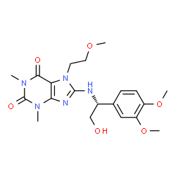ChemSpider 2D Image | 8-{[(1R)-1-(3,4-Dimethoxyphenyl)-2-hydroxyethyl]amino}-7-(2-methoxyethyl)-1,3-dimethyl-3,7-dihydro-1H-purine-2,6-dione | C20H27N5O6