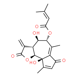 ChemSpider 2D Image | (3aR,4R,5R,9aR,9bS)-4,9a-Dihydroxy-6,9-dimethyl-3-methylene-2,7-dioxo-2,3,3a,4,5,7,9a,9b-octahydroazuleno[4,5-b]furan-5-yl 3-methyl-2-butenoate | C20H22O7