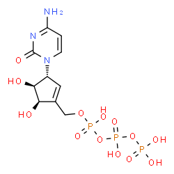 ChemSpider 2D Image | Triphosphoric acid, mono[[(3R,4S,5R)-3-(4-amino-2-oxo-1(2H)-pyrimidinyl)-4,5-dihydroxy-1-cyclopenten-1-yl]methyl] ester | C10H16N3O13P3