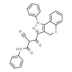 ChemSpider 2D Image | 2-Cyano-3-oxo-N-phenyl-3-(1-phenyl-1,4-dihydrothiochromeno[4,3-c]pyrazol-3-yl)propanamide | C26H18N4O2S
