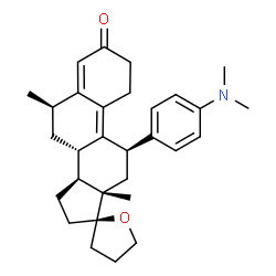 ChemSpider 2D Image | (6R,8S,11R,13S,14S,17R)-11-[4-(Dimethylamino)phenyl]-6,13-dimethyl-1,4',5',6,7,8,11,12,13,14,15,16-dodecahydro-3'H-spiro[cyclopenta[a]phenanthrene-17,2'-furan]-3(2H)-one | C30H39NO2