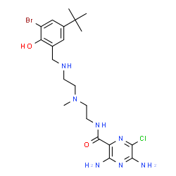 ChemSpider 2D Image | 3,5-Diamino-N-{2-[(2-{[3-bromo-2-hydroxy-5-(2-methyl-2-propanyl)benzyl]amino}ethyl)(methyl)amino]ethyl}-6-chloro-2-pyrazinecarboxamide | C21H31BrClN7O2