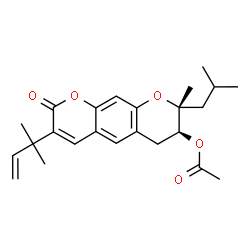 ChemSpider 2D Image | (7S,8R)-8-Isobutyl-8-methyl-3-(2-methyl-3-buten-2-yl)-2-oxo-7,8-dihydro-2H,6H-pyrano[3,2-g]chromen-7-yl acetate | C24H30O5