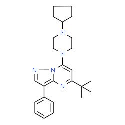 ChemSpider 2D Image | 7-(4-Cyclopentyl-1-piperazinyl)-5-(2-methyl-2-propanyl)-3-phenylpyrazolo[1,5-a]pyrimidine | C25H33N5