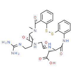 ChemSpider 2D Image | [(7S,13S)-13-{3-[(Diaminomethylene)amino]propyl}-14-methyl-6,9,12,15-tetraoxo-6,7,8,9,10,11,12,13,14,15-decahydro-5H-dibenzo[c,p][1,2,5,8,11,14]dithiatetraazacycloheptadecin-7-yl]acetic acid | C26H31N7O6S2