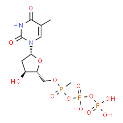 ChemSpider 2D Image | 5'-O-[{[Hydroxy(phosphonooxy)phosphoryl]oxy}(methyl)phosphoryl]thymidine | C11H19N2O13P3