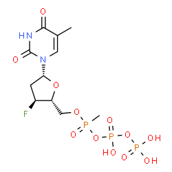 ChemSpider 2D Image | 3'-Deoxy-3'-fluoro-5'-O-[{[hydroxy(phosphonooxy)phosphoryl]oxy}(methyl)phosphoryl]thymidine | C11H18FN2O12P3