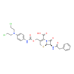 ChemSpider 2D Image | (6R,7R)-3-{[({4-[Bis(2-chloroethyl)amino]phenyl}carbamoyl)oxy]methyl}-8-oxo-7-[(phenylacetyl)amino]-5-thia-1-azabicyclo[4.2.0]oct-2-ene-2-carboxylic acid | C27H28Cl2N4O6S
