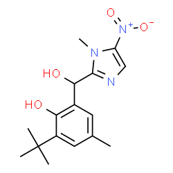 ChemSpider 2D Image | 2-[Hydroxy(1-methyl-5-nitro-1H-imidazol-2-yl)methyl]-4-methyl-6-(2-methyl-2-propanyl)phenol | C16H21N3O4