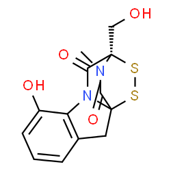 ChemSpider 2D Image | 10H-3,10a-Epidithiopyrazino(1,2-a)indole-1,4-dione, 2,3-dihydro-6-hydroxy-3-(hydroxymethyl)-2-methyl-, (3R)- | C13H12N2O4S2