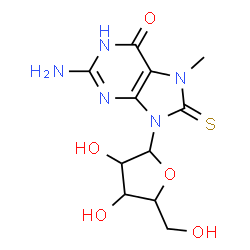 ChemSpider 2D Image | 2-amino-6-hydroxy-7-methyl-9-pentofuranosyl-7,9-dihydro-8H-purine-8-thione | C11H15N5O5S