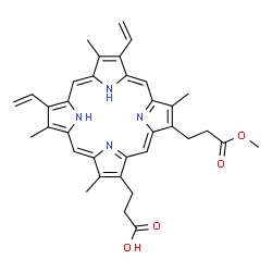 ChemSpider 2D Image | 3-[18-(3-Methoxy-3-oxopropyl)-3,7,12,17-tetramethyl-8,13-divinyl-2-porphyrinyl]propanoic acid | C35H36N4O4
