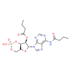 ChemSpider 2D Image | (6R,7R,7aR)-6-[6-(Butyrylamino)-9H-purin-9-yl]-2-hydroxy-2-oxidotetrahydro-4H-furo[3,2-d][1,3,2]dioxaphosphinin-7-yl butyrate | C18H24N5O8P